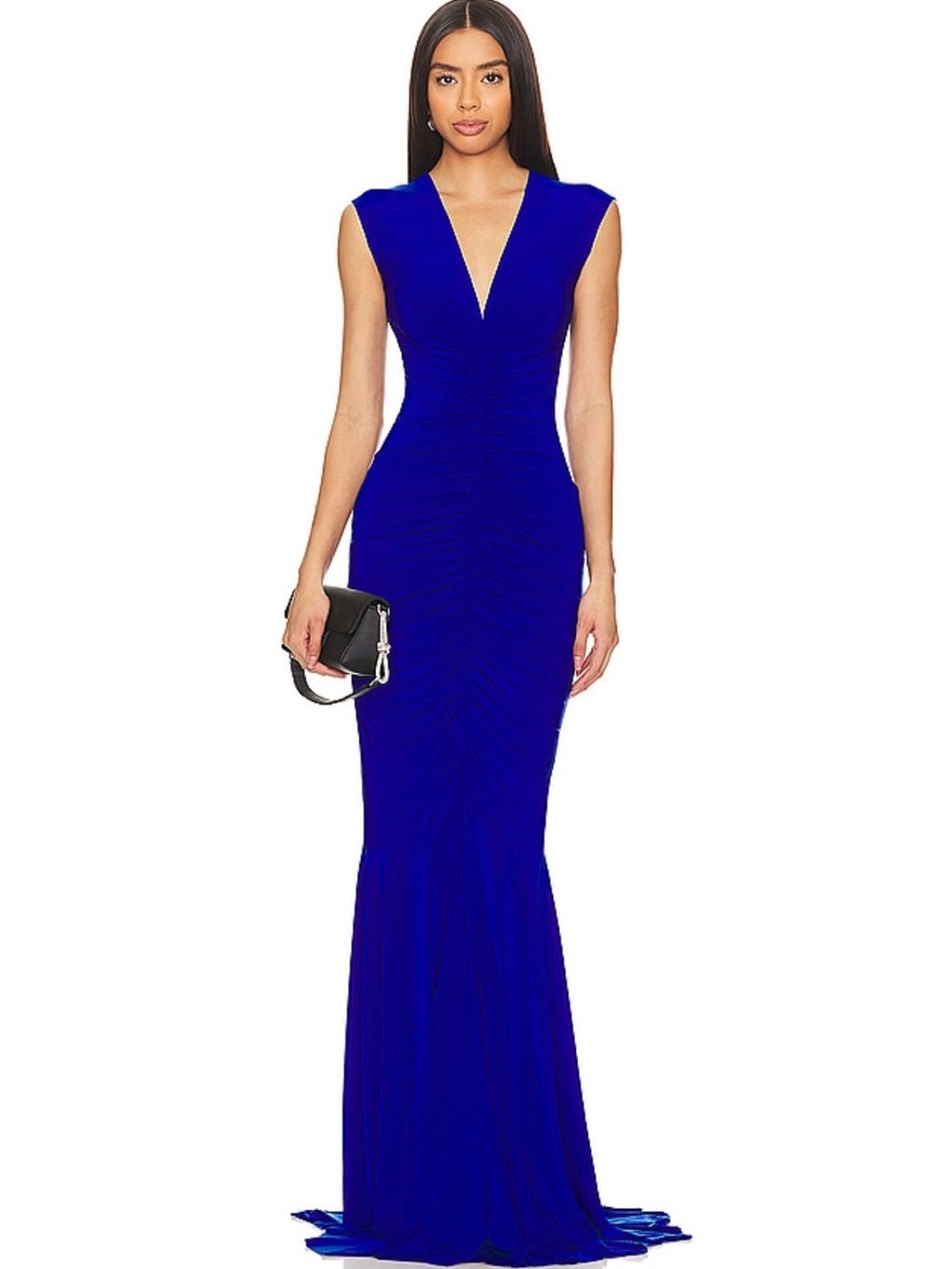 Norma Kamali Electric Blue Deep V Shirred Front Fishtail Gown Sleeveless XS/S